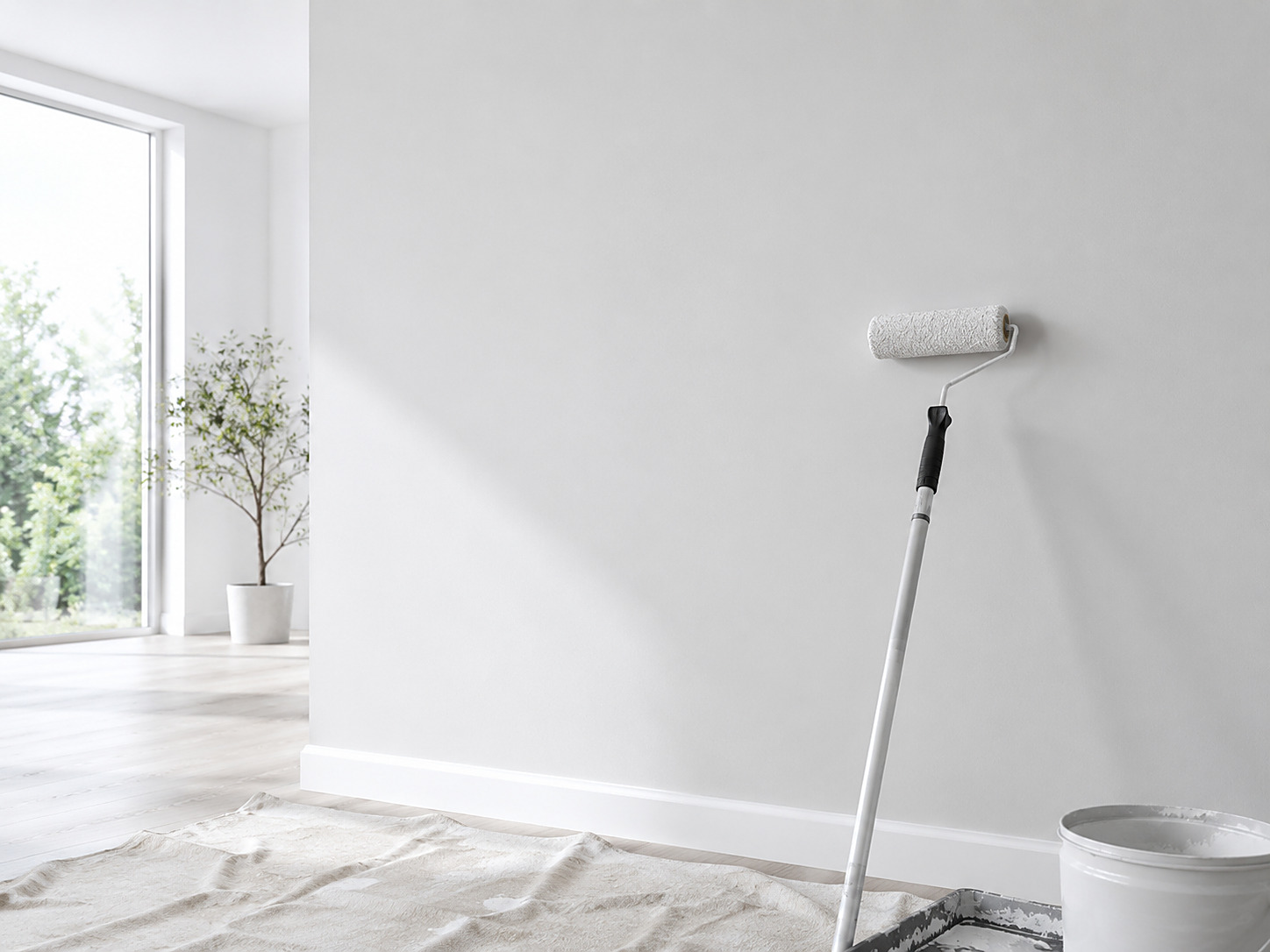 Maler streicht Wand mit Farbrolle in hellem Raum – Tapezier- und Malerarbeiten, Raumdecor Niebergall