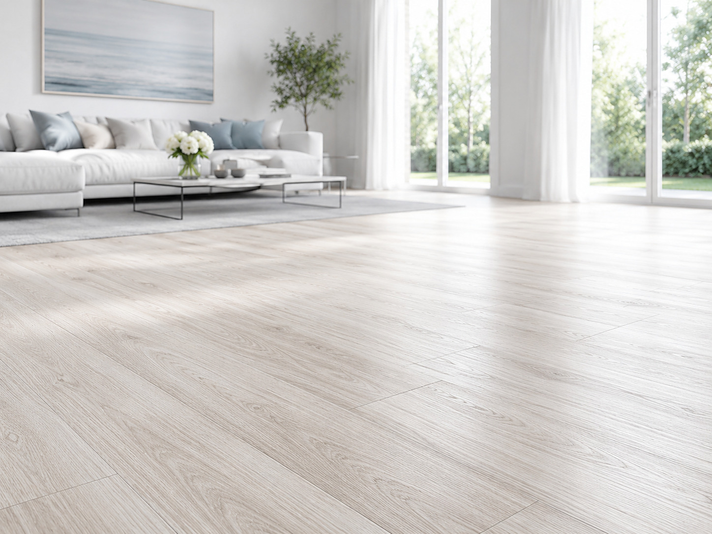 Heller Holzboden in modernem Wohnraum – Bodenbeläge verlegen, Raumdecor Niebergall